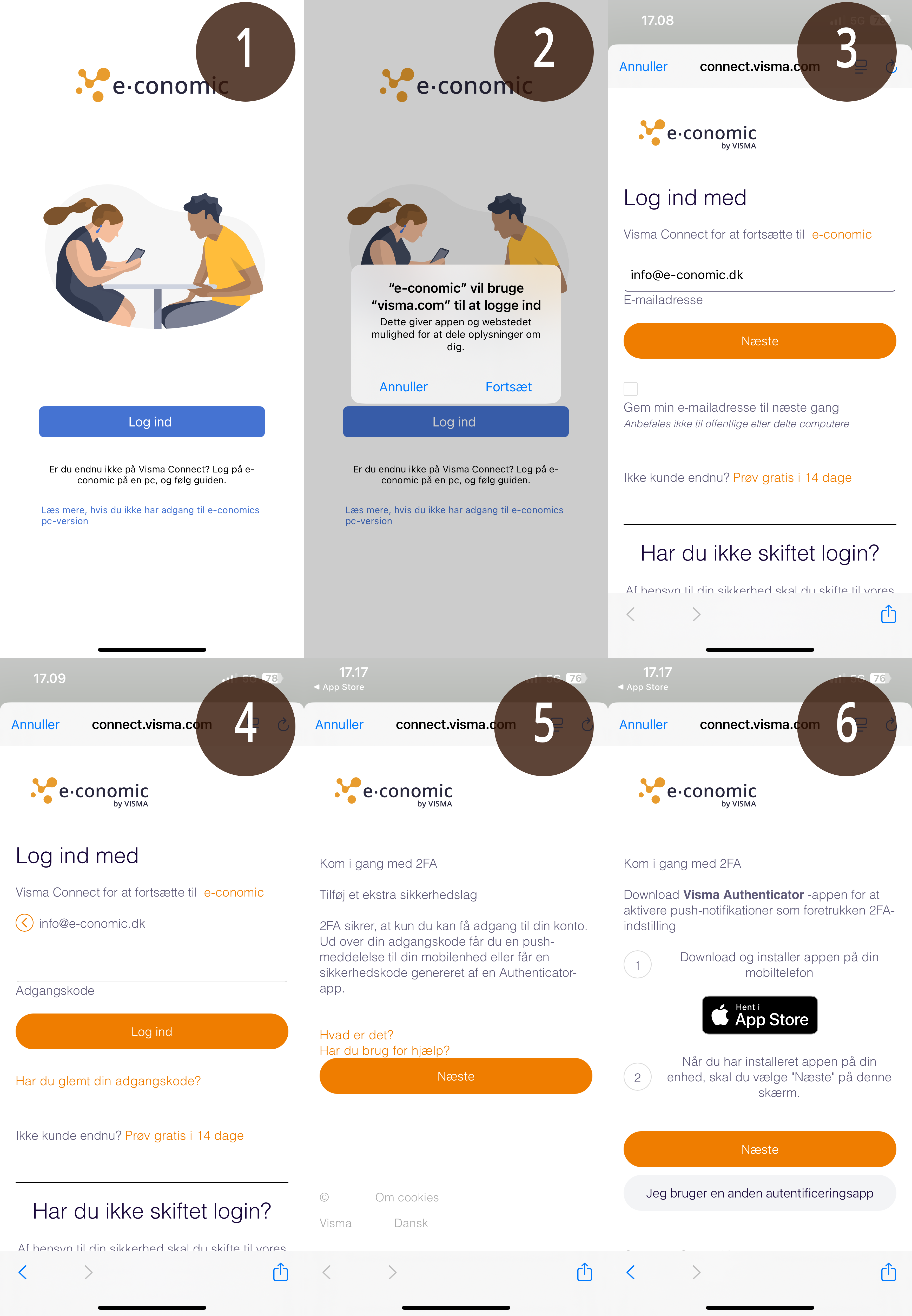 Viser login-flow og opstart af to-faktor-godkendelse (2FA) i e-conomic-appen – bruges til at guide brugeren gennem login og den indledende opsætning af sikkerhed.
