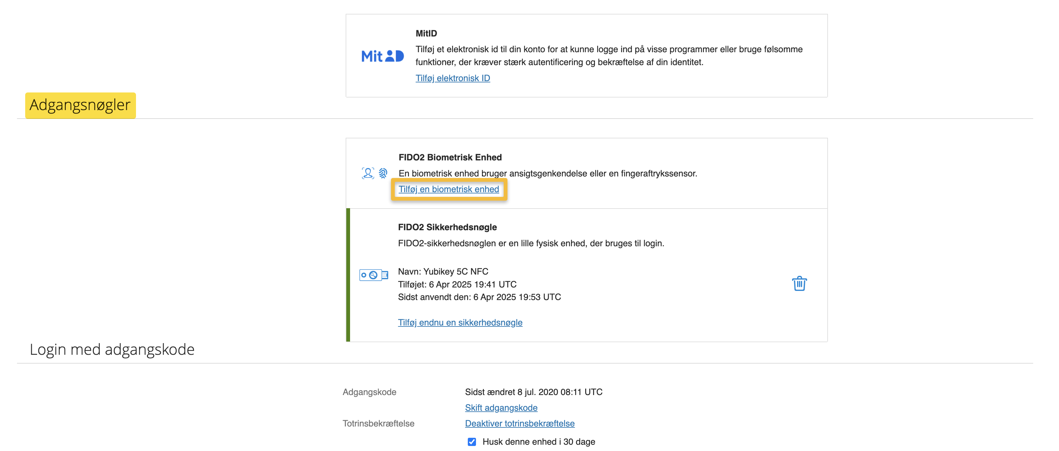 Viser knappen 'Tilføj en biometrisk enhed' i Adgangsnøgler – bruges til at aktivere totrinsbekræftelse med ansigtsgenkendelse eller fingeraftryk.