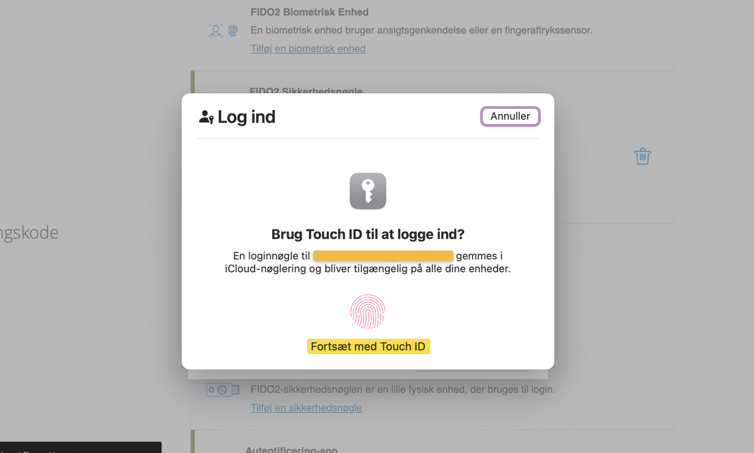 Viser bekræftelsesdialog for Touch ID i indstillinger for 2-faktorgodkendelse – bruges til at fuldføre aktiveringen af en biometrisk enhed.