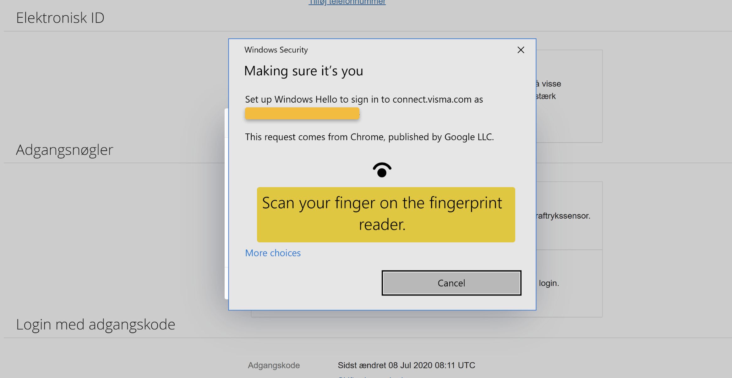 Viser en Windows Security-dialogboks til fingeraftryksscanning i aktiveringen af 2FA – bruges til at bekræfte opsætningen af en biometrisk enhed som sikkerhedsnøgle.