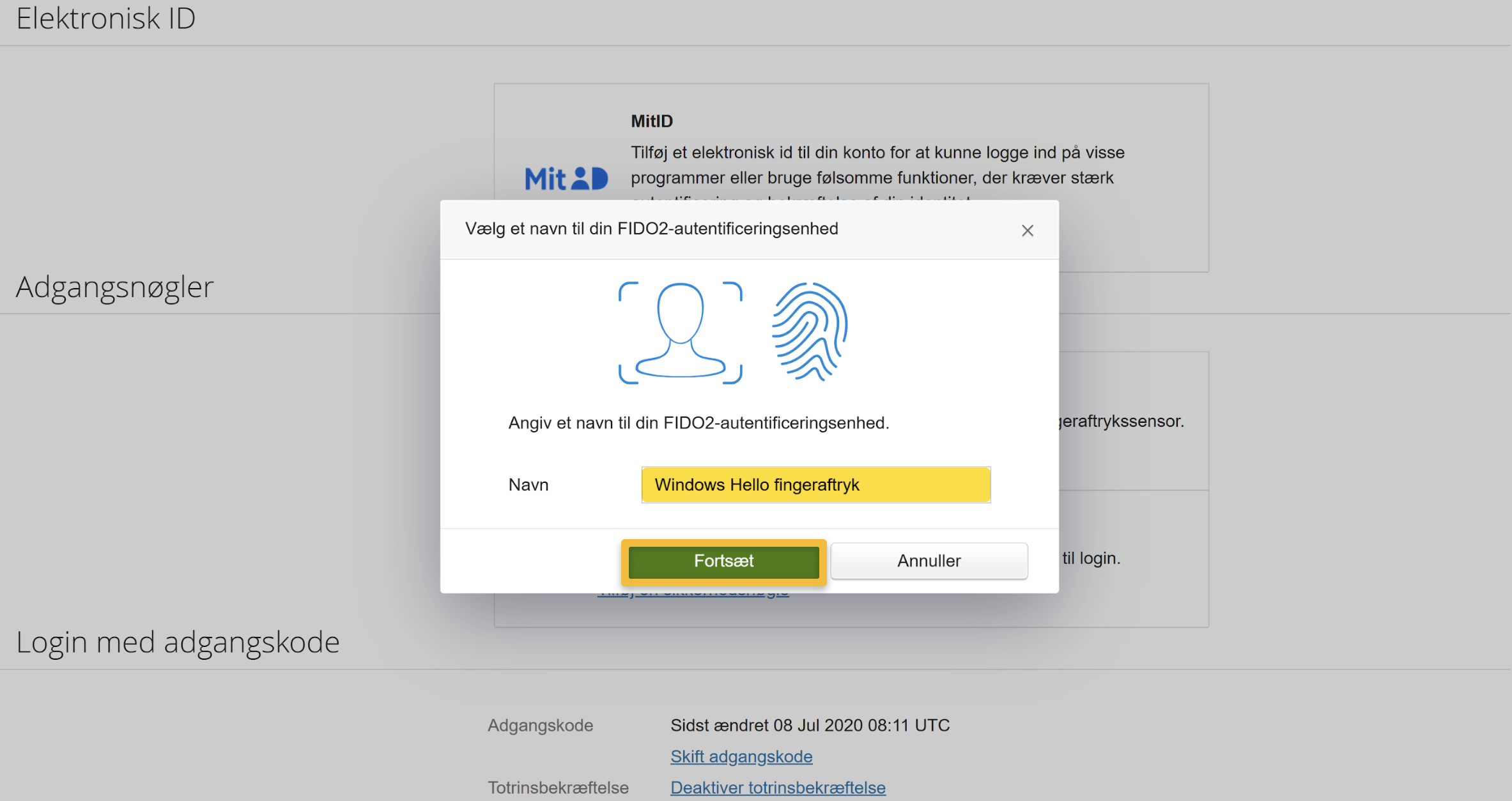 Viser navngivning af en FIDO2-autentificeringsenhed i indstillingerne for Adgangsnøgler – bruges til at færdiggøre opsætningen af en biometrisk enhed til totrinsbekræftelse.