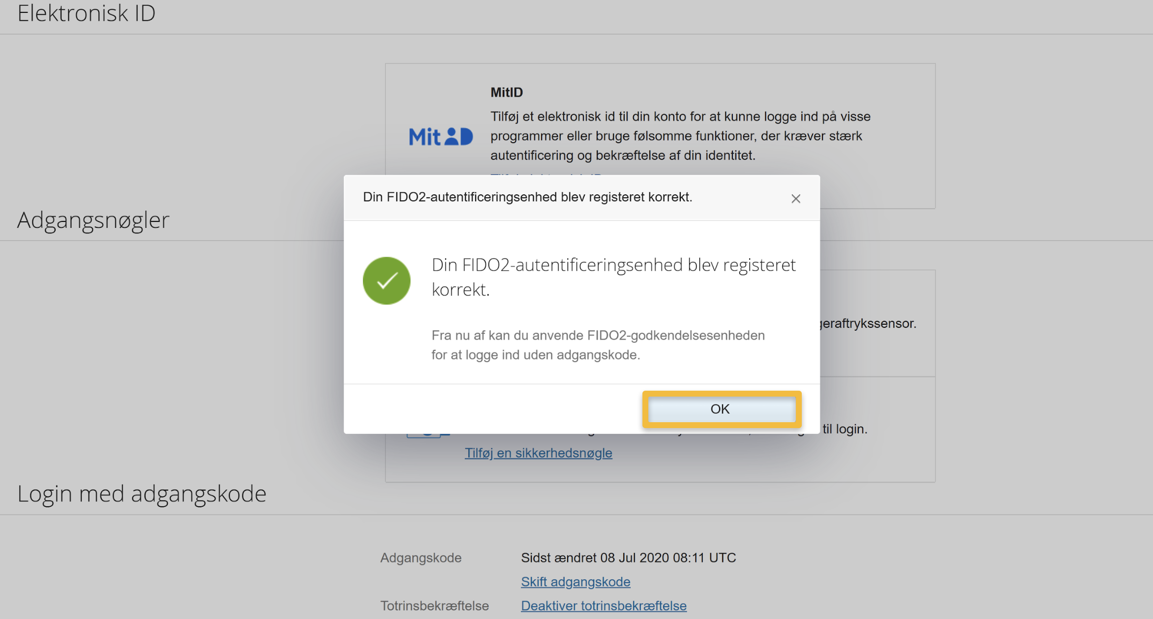 Viser bekræftelsesmeddelelse i indstillingerne for Adgangsnøgler – bruges til at bekræfte at FIDO2-autentificeringsenheden er registreret korrekt.