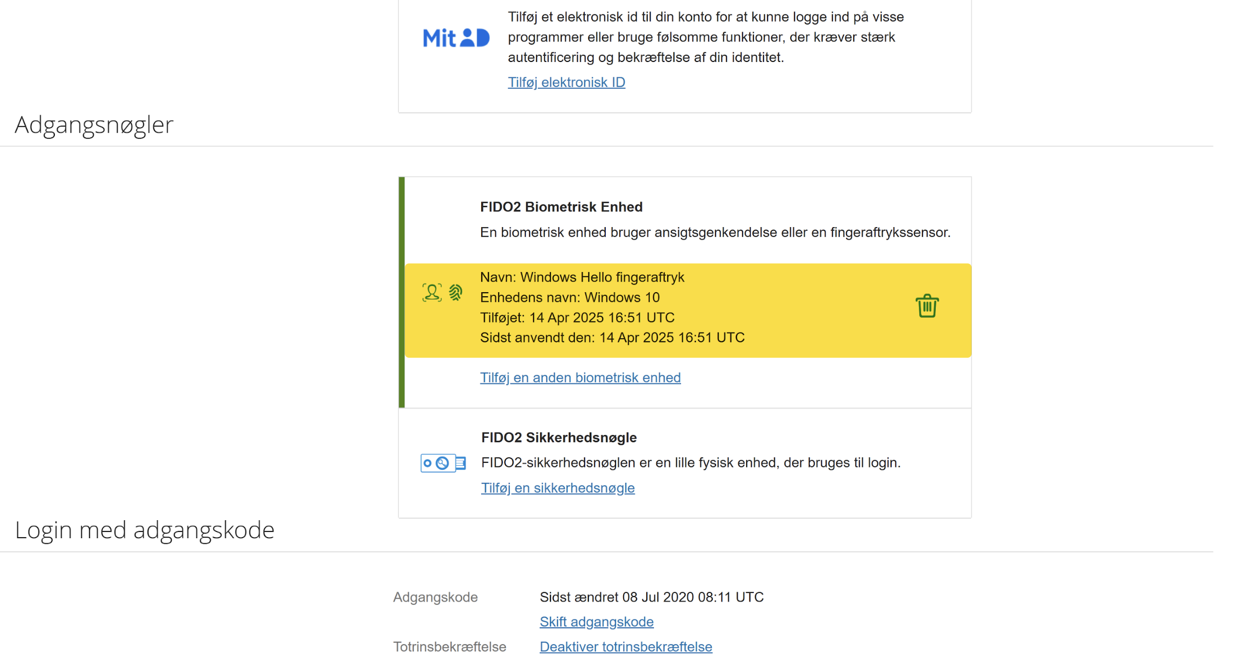 Viser en tilføjet biometrisk enhed i Adgangsnøgler – bruges til at bekræfte, at enheden er registreret til kontoen.