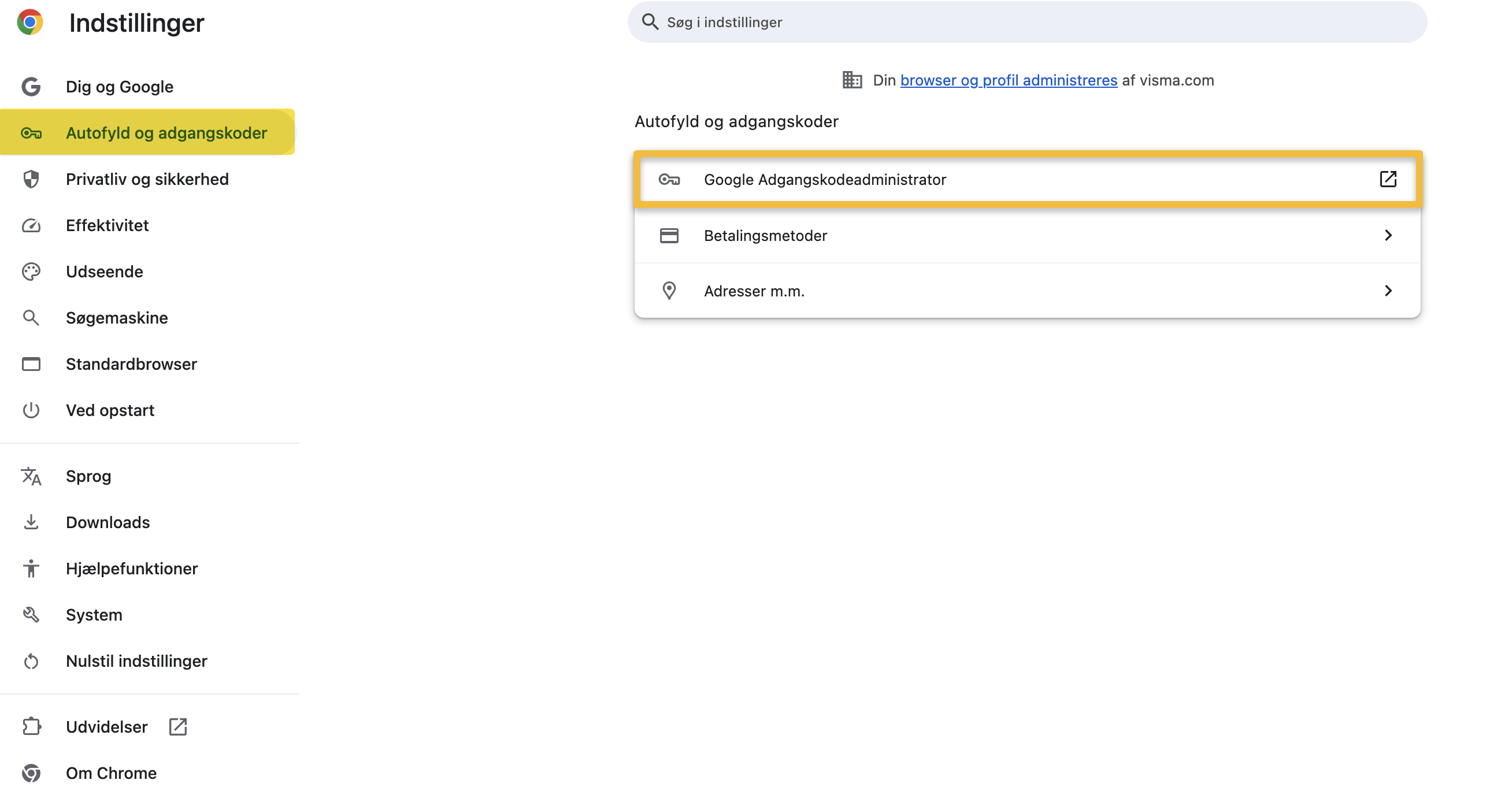 Viser Google Adgangskodeadministrator i Google Chromes indstillinger – bruges til at administrere gemte sikkerhedsnøgler.