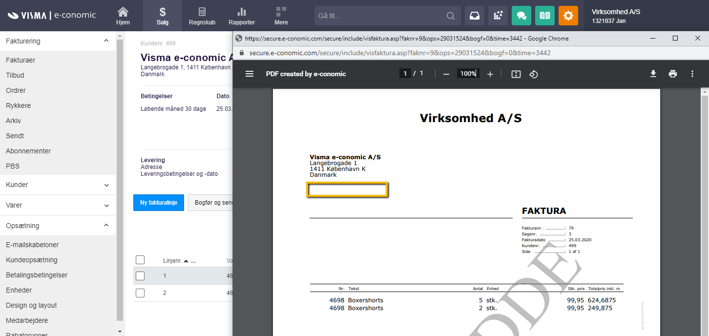 Viser en faktura uden CVR-nummer i fakturavisningen – bruges til at vise standardlayoutet, når en kundeoplysning mangler.