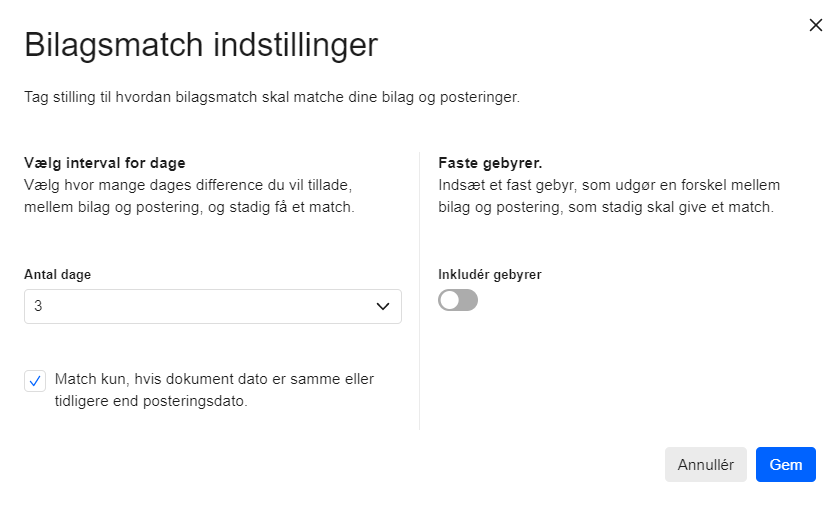 Viser indstillingerne for bilagsmatch i e-conomic – bruges til at definere regler for, hvordan bilag og posteringer automatisk kan matches.