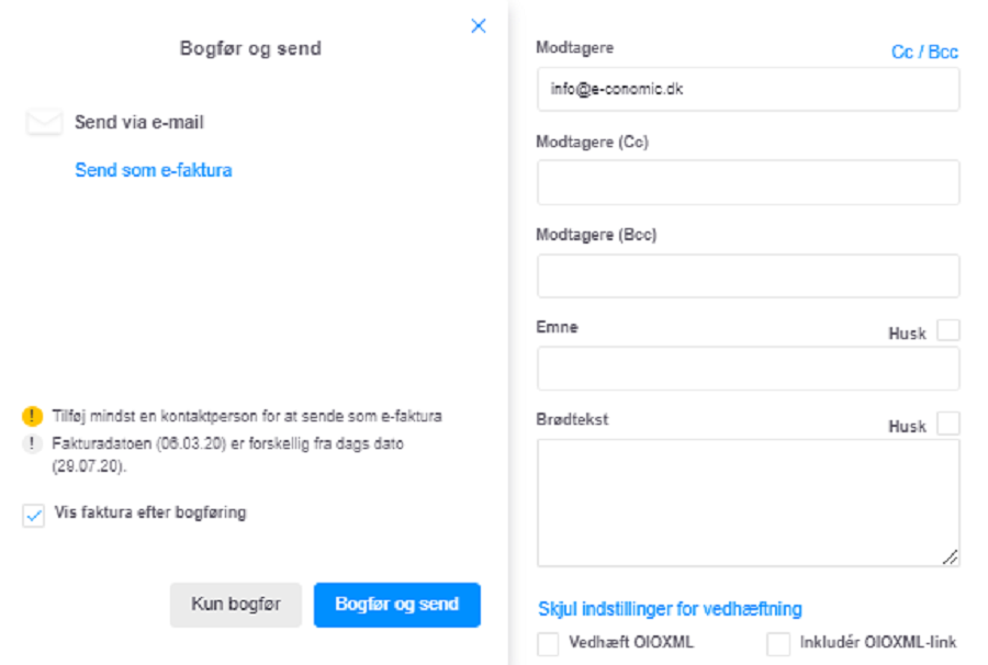 Viser dialogboksen 'Bogfør og send' i faktureringsmodulet – bruges til at bogføre og sende en faktura via e-mail.