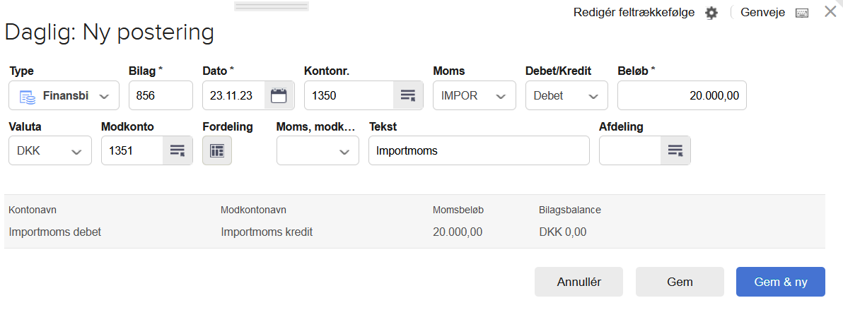 Viser en finanspostering i kassekladden – bruges til at bogføre importmoms.