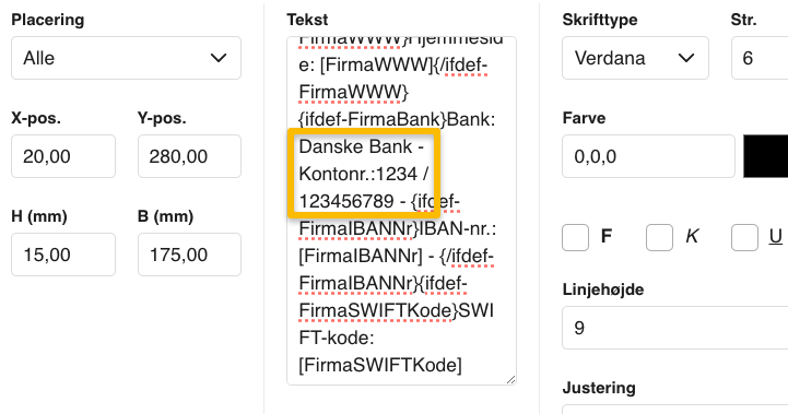 Viser tekstfeltet i layout for brevskabeloner – bruges til at rette indholdet i et tekstelement