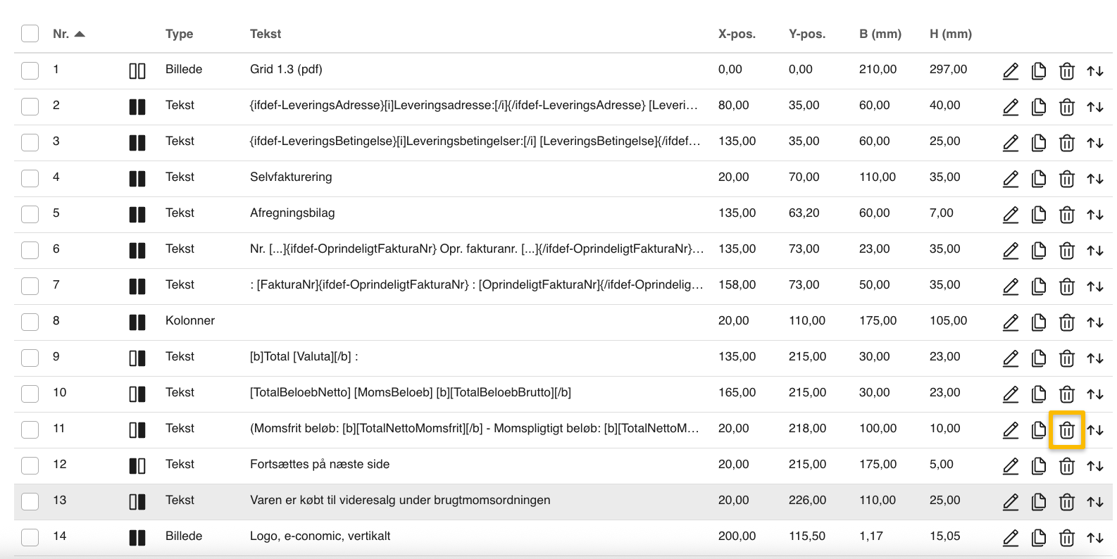 Viser slet-ikonet i layouttilpasning for afregningsbilag – bruges til at fjerne et element fra skabelonen.