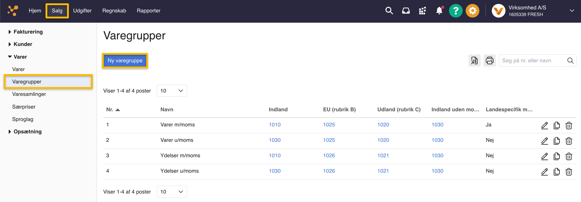Viser varegruppeoversigten i Salg-modulet – bruges til at oprette en ny varegruppe.