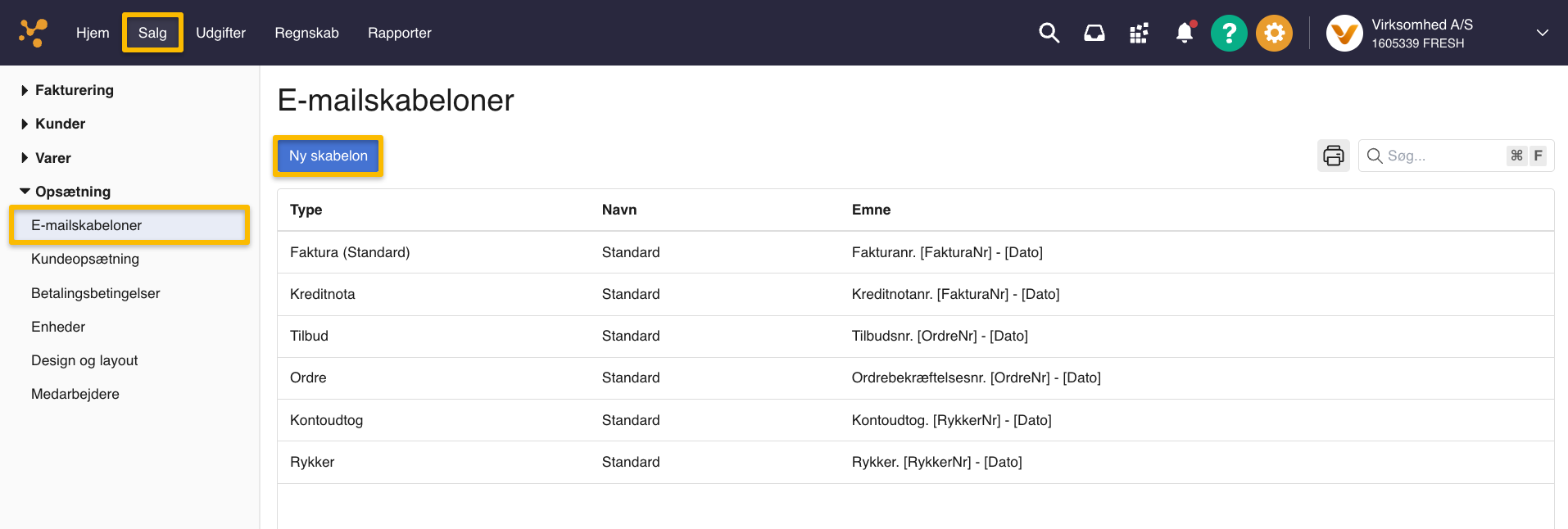 Viser knappen 'Ny skabelon' i oversigten 'E-mailskabeloner' – bruges til at oprette en ny e-mailskabelon