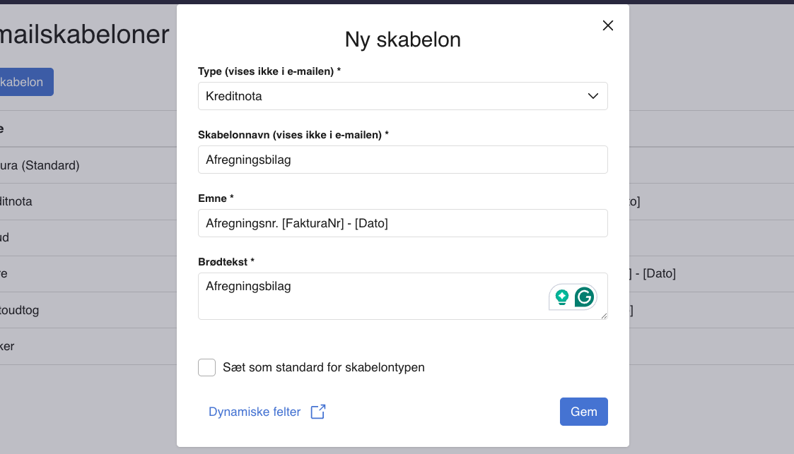 Viser dialogboksen 'Ny skabelon' i e-mailskabeloner – bruges til at oprette en ny e-mailskabelon til afregningsbilag.