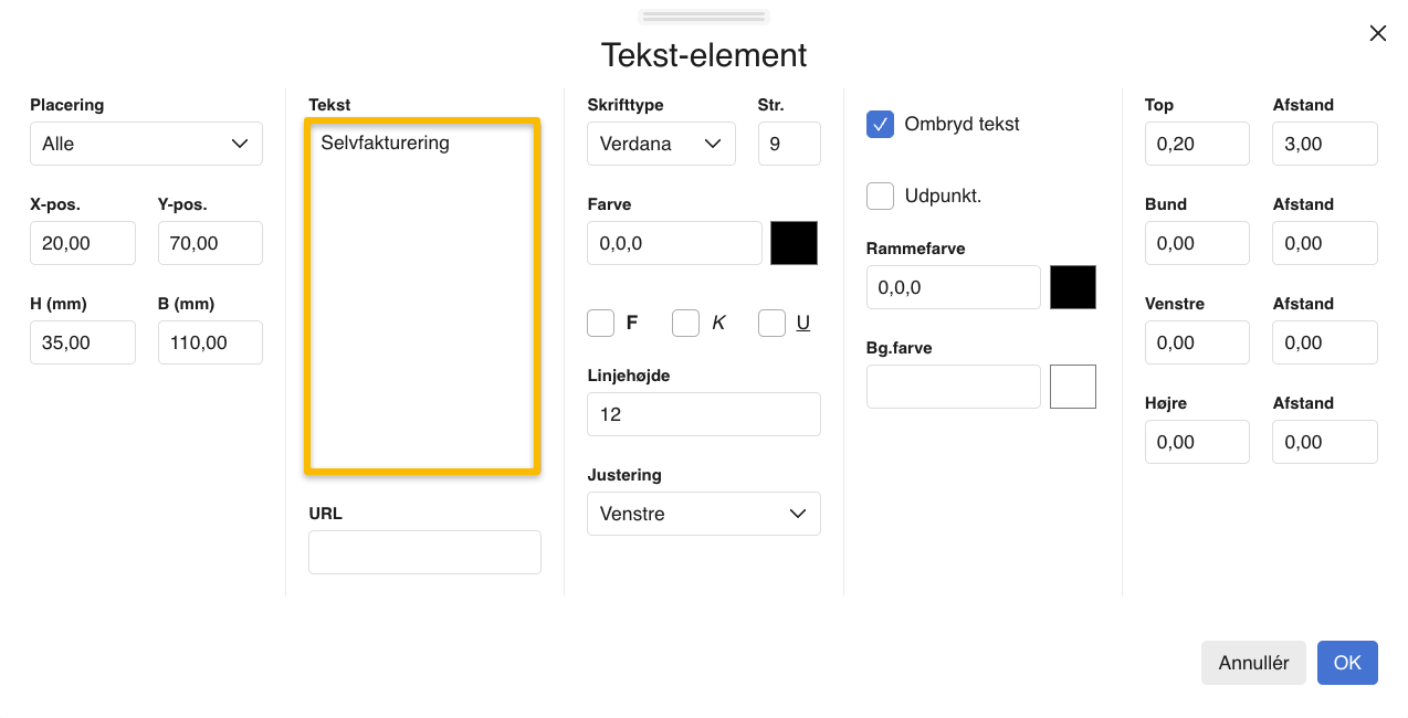 Viser tekst-elementets indstillinger i skabelonsamlingen – bruges til at tilføje teksten 'Selvfakturering' på et afregningsbilag.