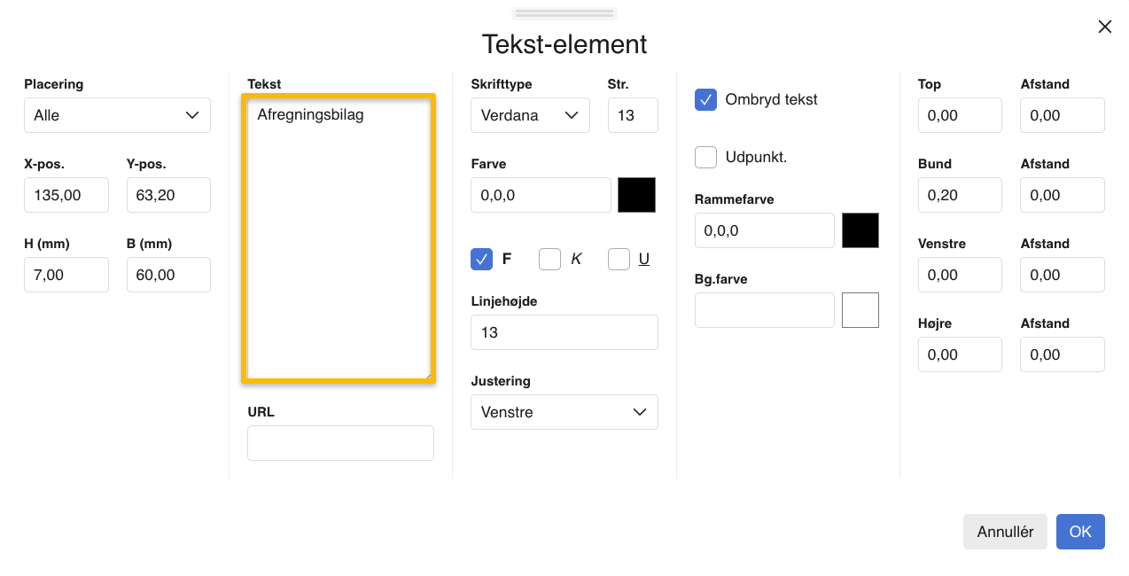 Viser 'Tekst-element'-vinduet i skabelondesigner – bruges til at redigere overskriften på et afregningsbilag.