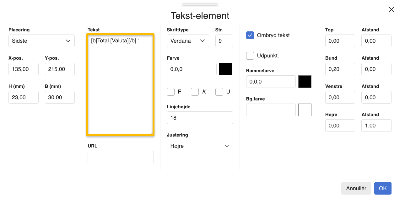 Viser indstillinger for et tekst-element i skabelonopsætningen til afregningsbilag – bruges til at indsætte en tekstlinje med bilagets totalbeløb.