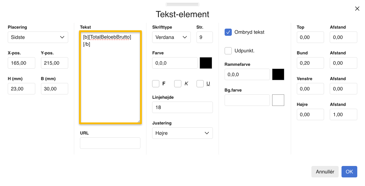 Viser indstillingerne for et tekst-element i skabelonopsætningen for afregningsbilag – bruges til at tilføje datafeltet for totalbeløbet.