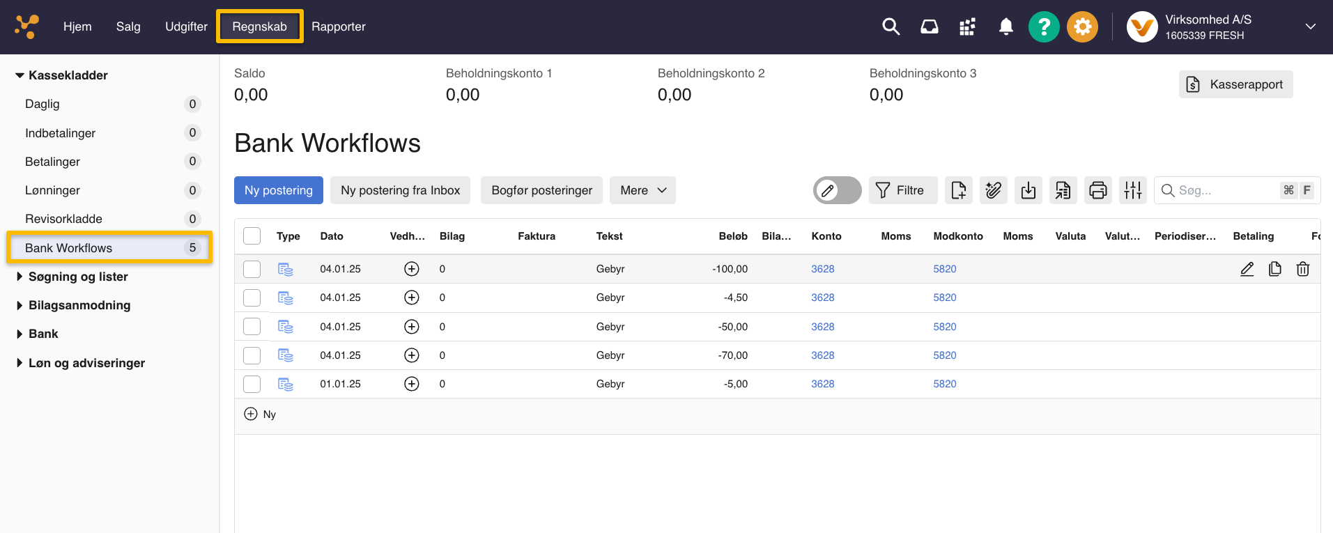 Viser kassekladden "Bank Workflows" i Regnskabsfanen – bruges til at finde og bogføre bankposteringer, der er automatisk behandlet af et workflow.