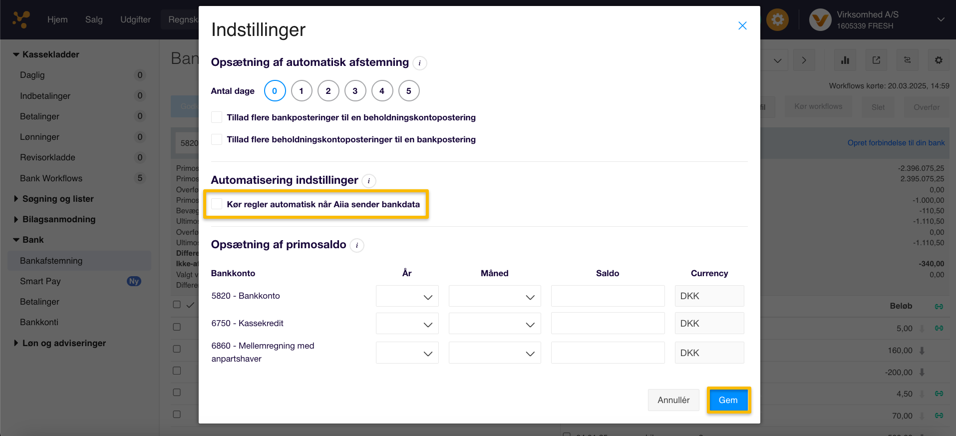 Viser afkrydsningsfeltet 'Kør regler automatisk når Aiia sender bankdata' i Indstillinger for bankafstemning – bruges til at starte Bank Workflows automatisk, når nye posteringer modtages via Aiia.
