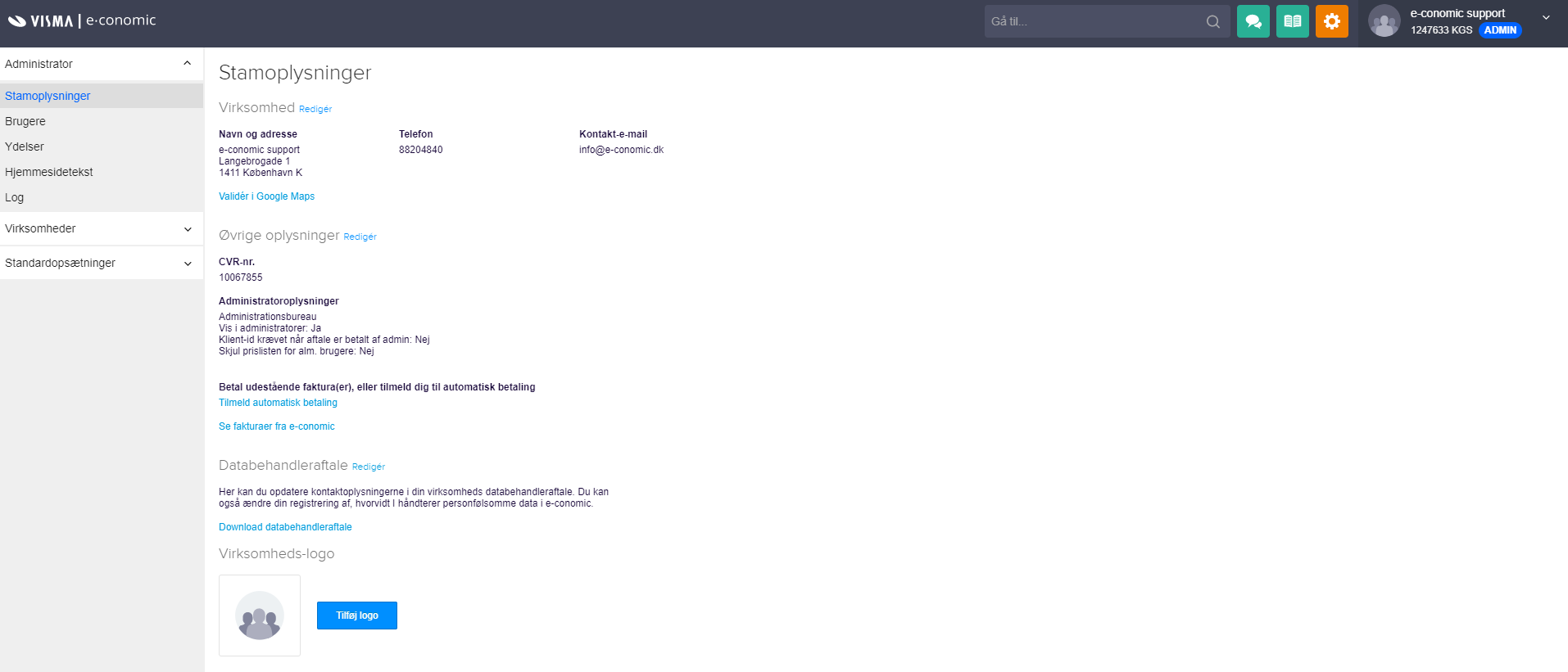 Viser felter og knapper i Stamoplysninger – bruges til at se og redigere virksomhedens grundlæggende data