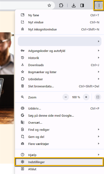 Viser menupunktet 'Indstillinger' i Google Chrome-menuen – bruges til at åbne indstillingssiden for at slette cookies.