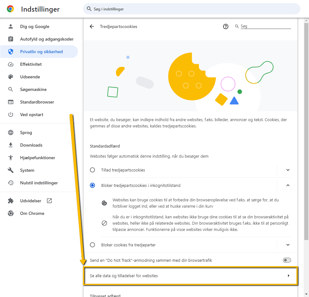 Viser menupunktet "Se alle data og tilladelser for websites" i Google Chromes indstillinger for "Privatliv og sikkerhed" – bruges til at finde listen, hvorfra individuelle cookies kan slettes.