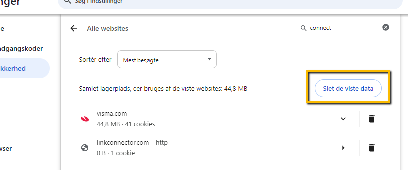 Viser knappen 'Slet de viste data' i Google Chromes indstillinger for cookies og websitedata – bruges til at slette data for alle de viste websites på én gang.