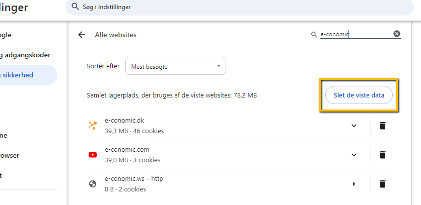 Viser knappen "Slet de viste data" i Google Chromes cookie-indstillinger – bruges til at slette alle data for et specifikt, søgt website.