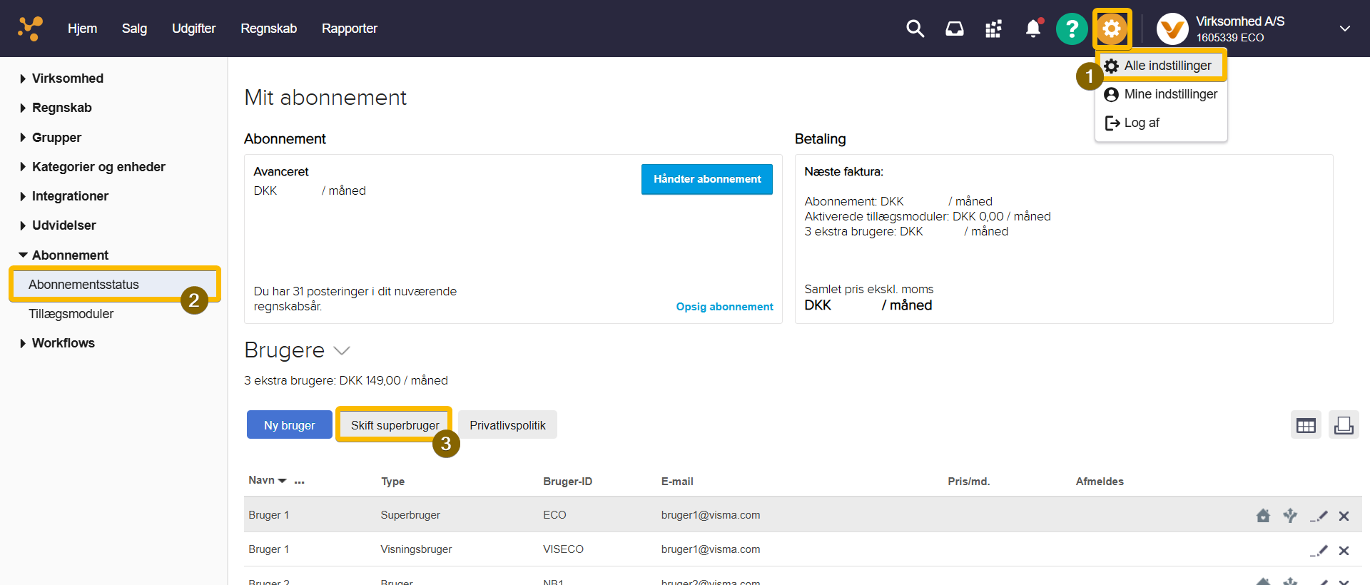 Viser stien til knappen 'Skift superbruger' i abonnementsindstillingerne – bruges til at skifte aftalens superbruger.