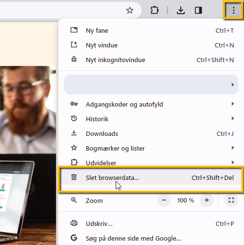Viser menupunktet 'Slet browserdata...' i Google Chrome-menuen – bruges til at åbne indstillingerne for sletning af cookies.