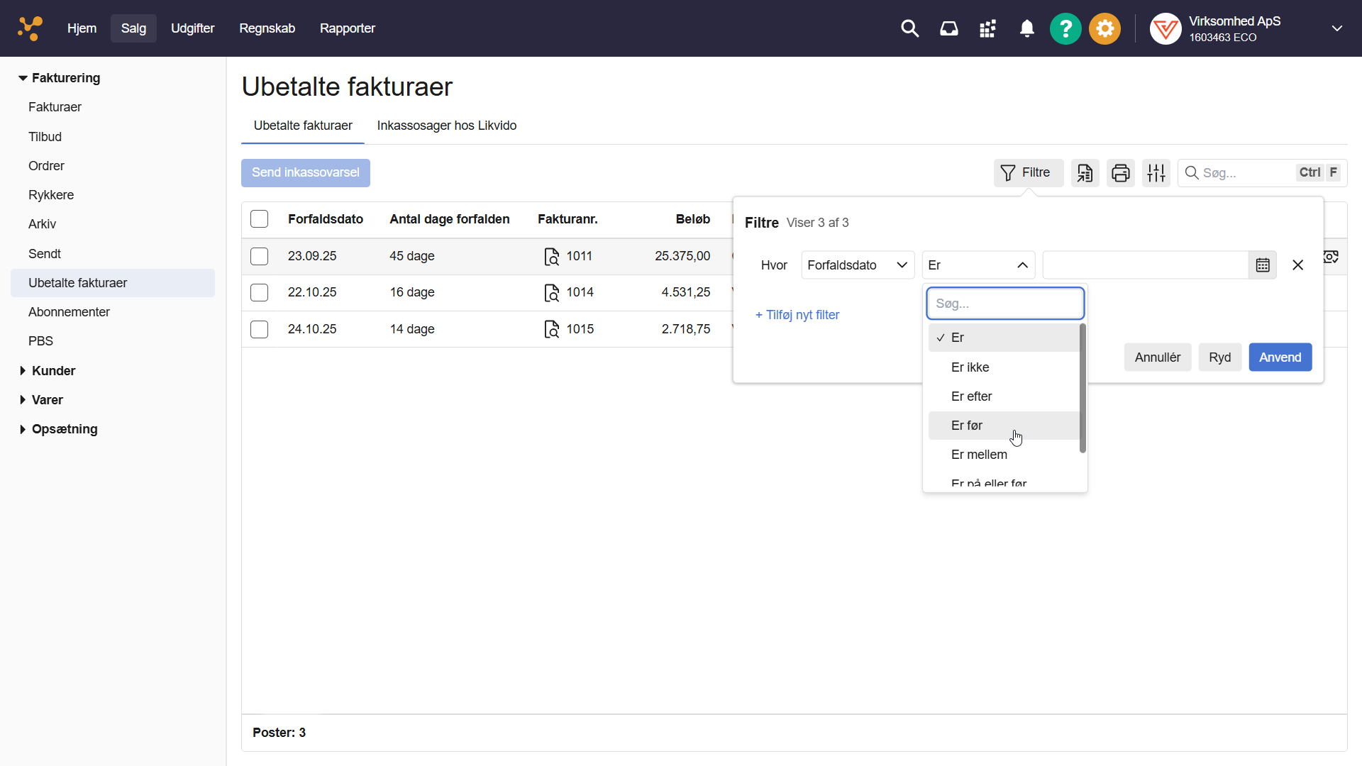 Viser filterindstillinger for ubetalte fakturaer i faktureringsmodulet – bruges til at afgrænse visningen efter forfaldsdato.