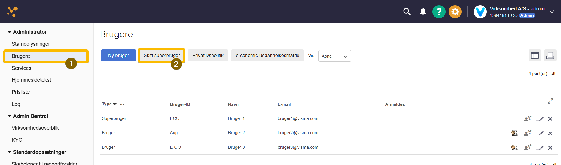 Viser knappen 'Skift superbruger' i brugeroversigten – bruges til at starte processen med at skifte aftalens superbruger.