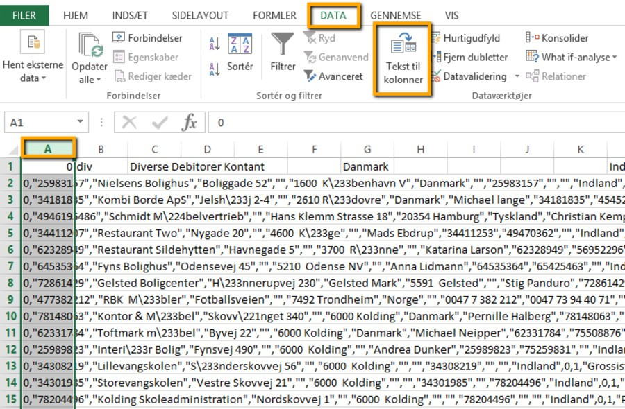 Viser funktionen 'Tekst til kolonner' i Data-fanen i et regneark – bruges til at opdele en sammenrykket kolonne til flere kolonner.
