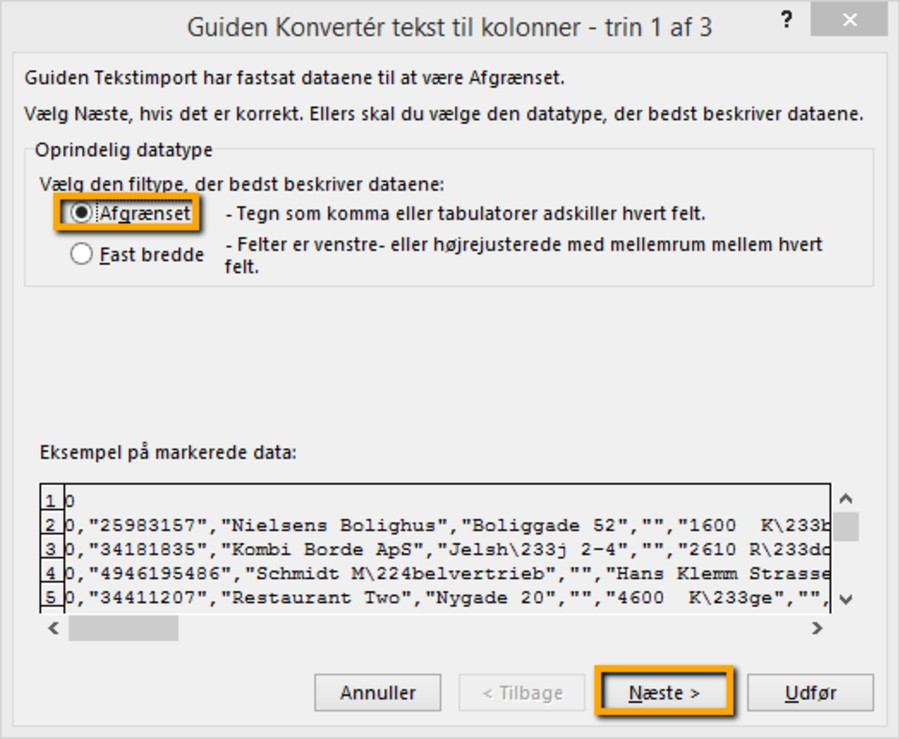 Viser valget 'Afgrænset' i guiden 'Konvertér tekst til kolonner' – bruges til at starte opdelingen af en sammenrykket CSV-fil.