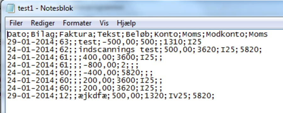 Viser et eksempel på en semikolonsepareret .txt fil i Notesblok – bruges til at verificere om en fil er korrekt formateret til import.