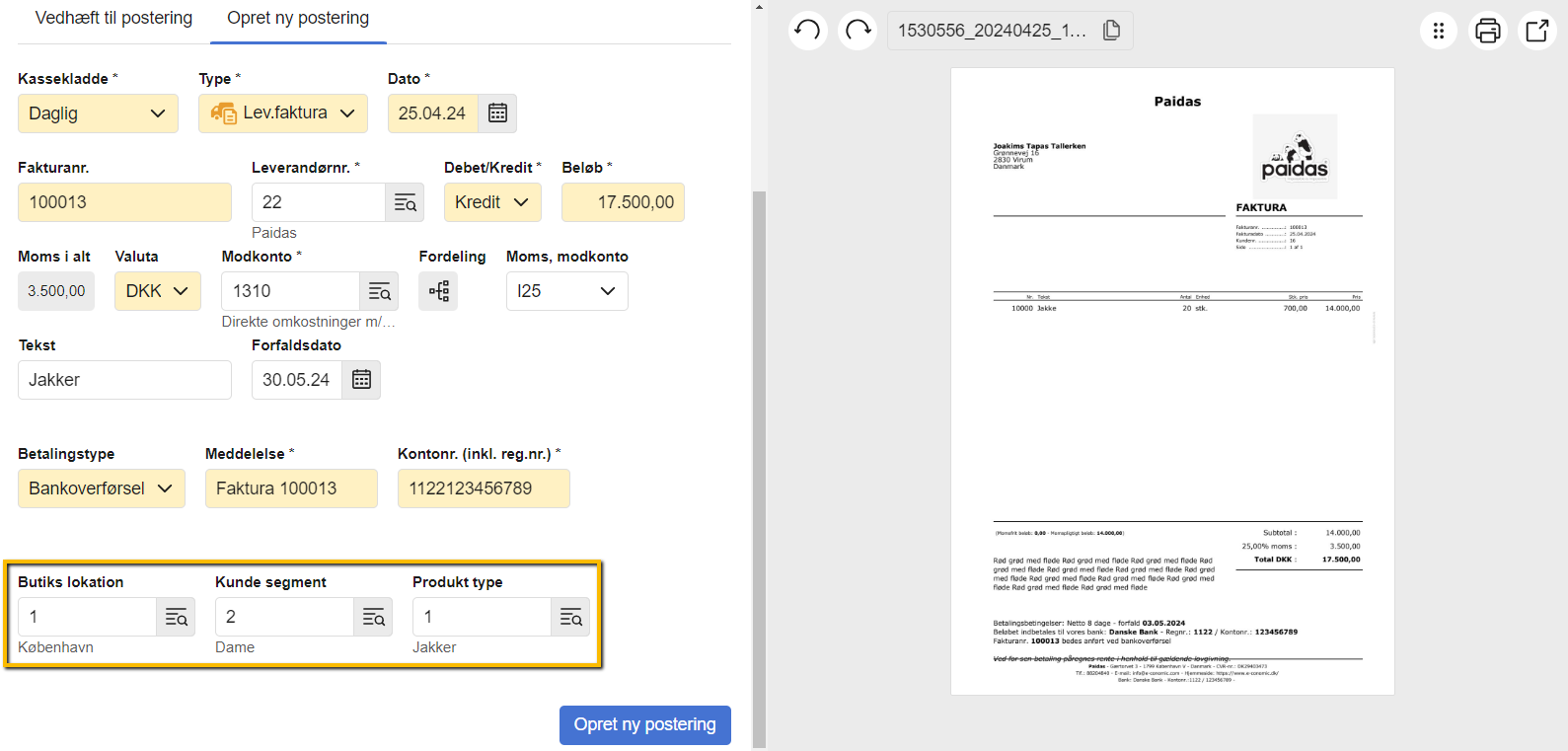 Viser tilknytning af dimensioner til en postering i kassekladden – bruges til at kategorisere posteringen for mere detaljeret rapportering.