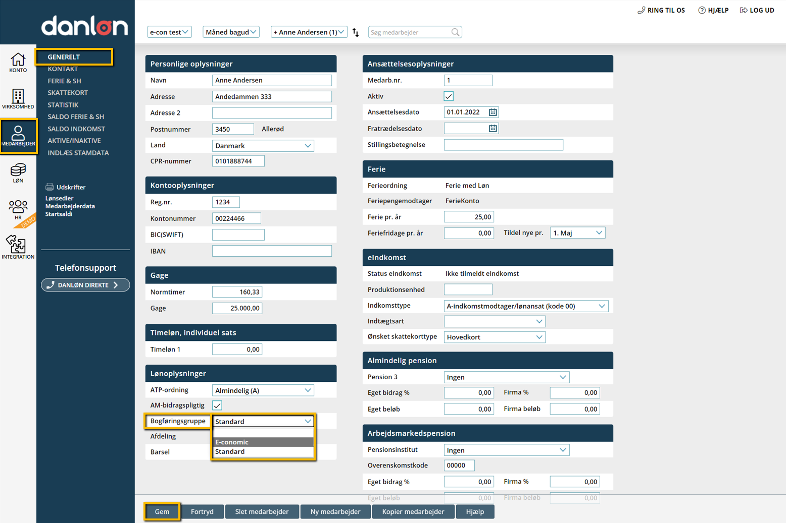 Viser valg af bogføringsgruppen 'E-conomic' på en medarbejders stamkort i Danløn – bruges til at sikre korrekt bogføring af løn via integrationen.
