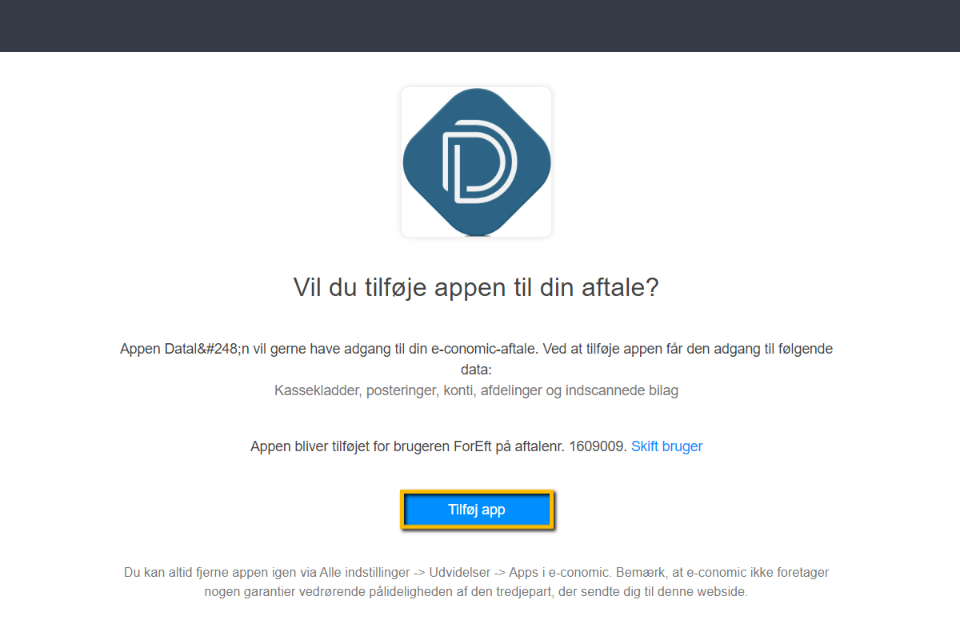 Viser bekræftelsesvinduet for DataLøn-appen i Market – bruges til at bekræfte tilføjelsen af appen til e-conomic.