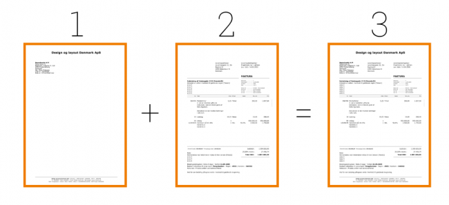 Viser opbygningen af et dokument fra en brevskabelon og en skabelon i e-conomics design og layout – bruges til at forstå, hvordan en færdig faktura sammensættes.