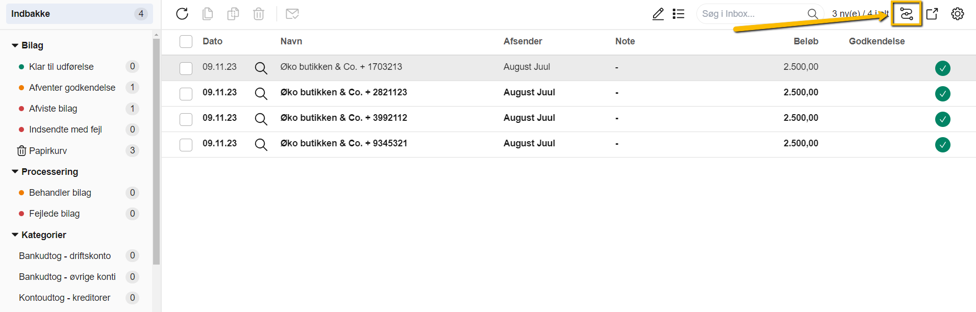Viser Workflows-ikonet i Indbakke – bruges til at åbne opsætningen for Bilag Workflows.