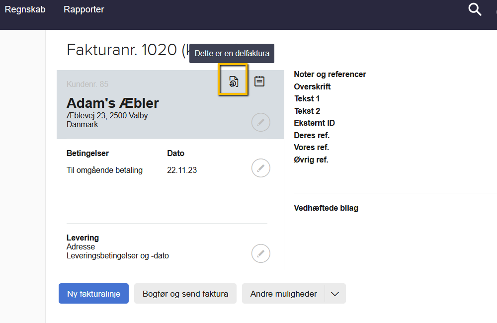 Viser ikonet for delfakturaer på en faktura – bruges til at se en log med oversigt over fakturaens opdeling.