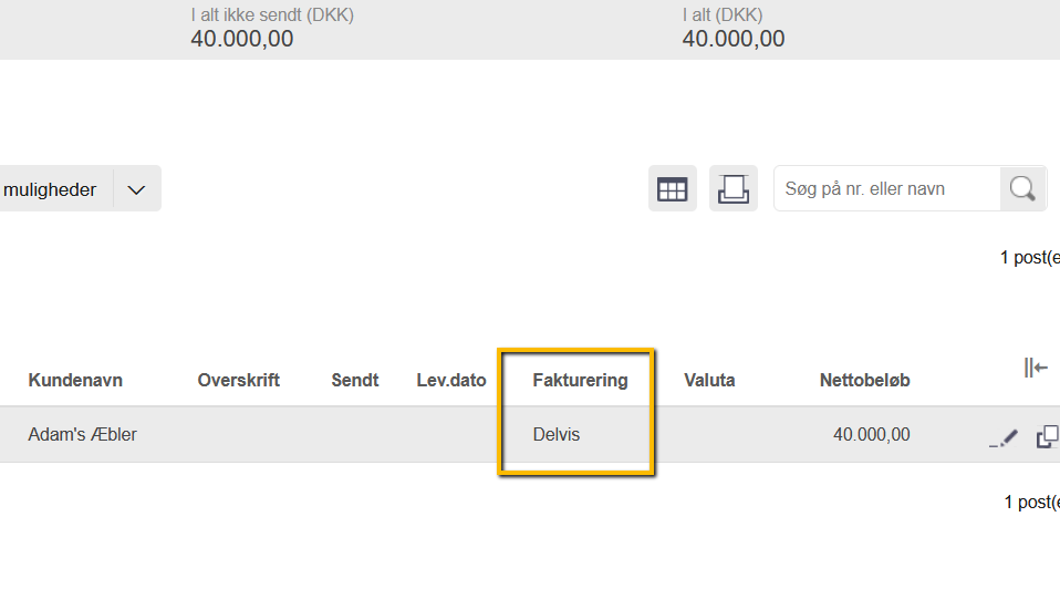 Viser status 'Delvis' i kolonnen 'Fakturering' i ordreoversigten – bruges til at identificere, at en ordre kun er delvist faktureret.
