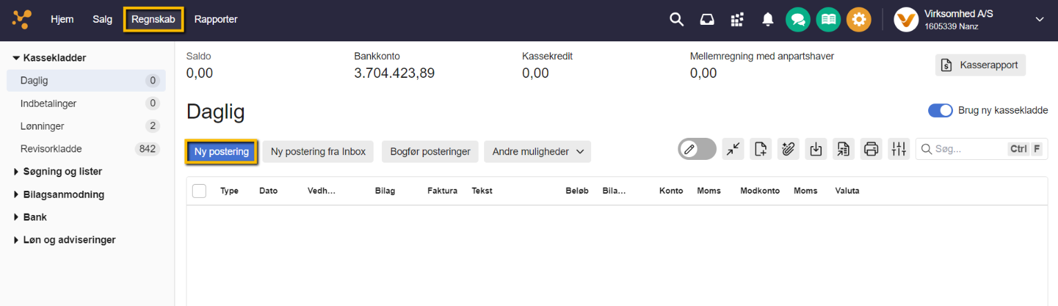 Viser knappen 'Ny postering' i kassekladden – bruges til at oprette en ny postering til en indbetaling.