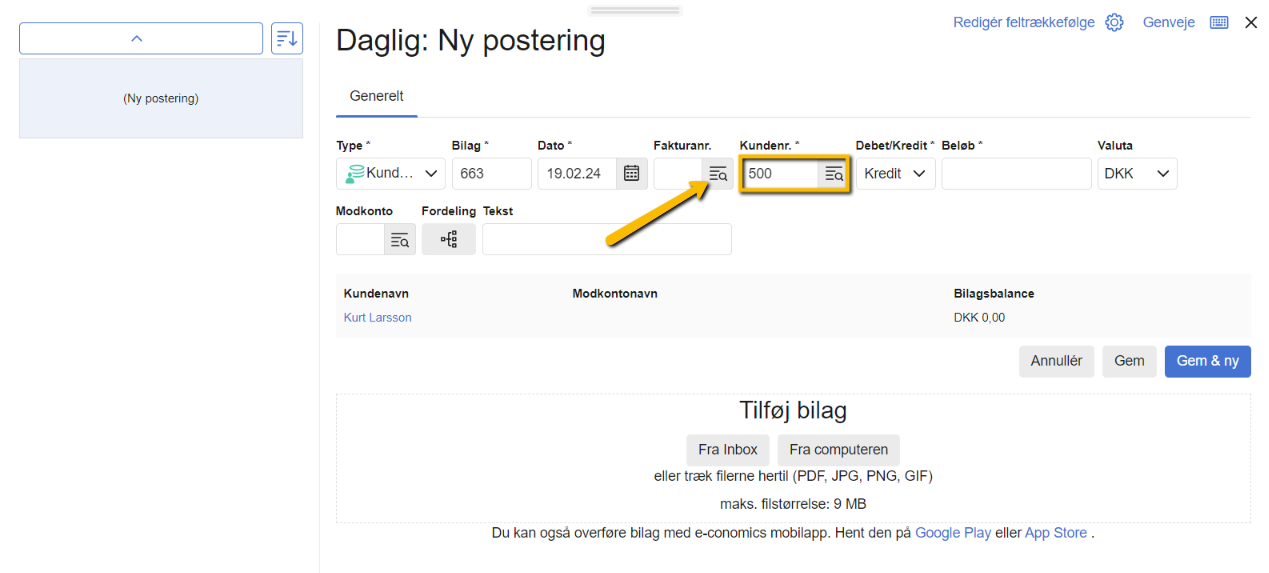 Viser "Udlign posteringer"-ikonet i en ny postering – bruges til at finde og vælge de kundefakturaer, der skal udlignes.