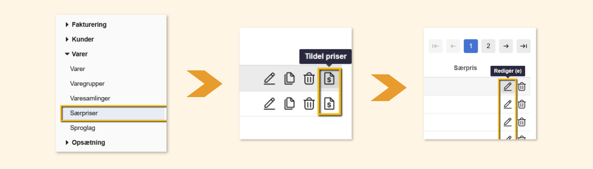Viser flowet for at klikke på 'Tildel priser' og 'Redigér' i Særpriser – bruges til at tildele en særpris til en vare.