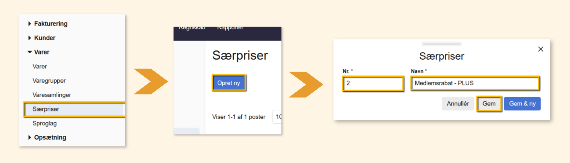 Viser oprettelsen af en ny prisgruppe i Særpriser – bruges til at oprette og navngive en ny gruppe for specialpriser.