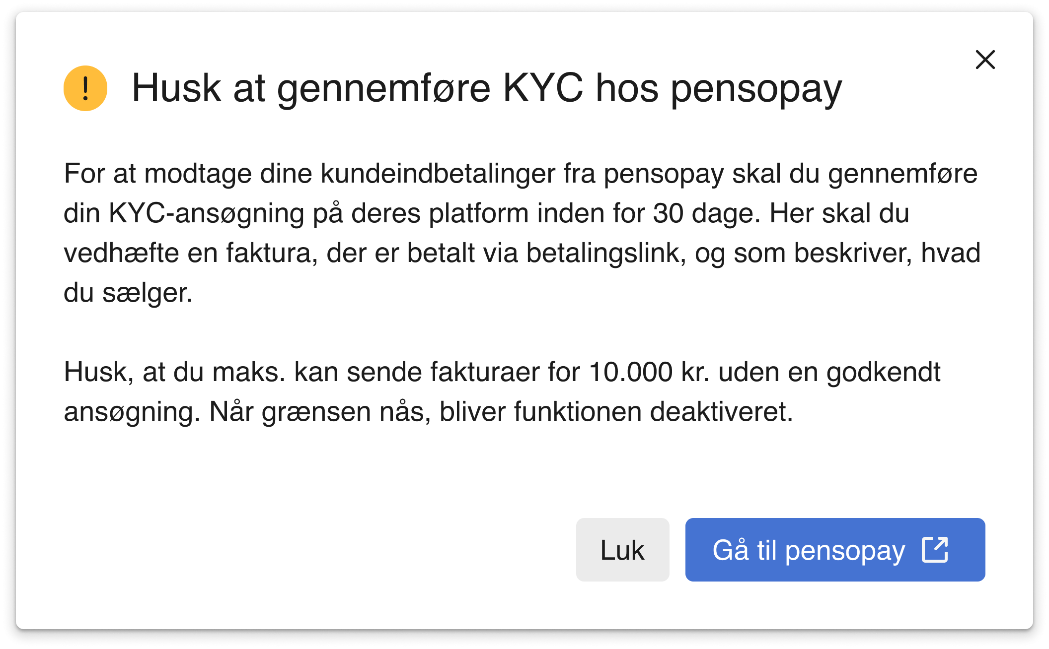 Viser informationsboks om KYC-ansøgning i e-conomic – bruges til at åbne KYC-ansøgningen hos pensopay.