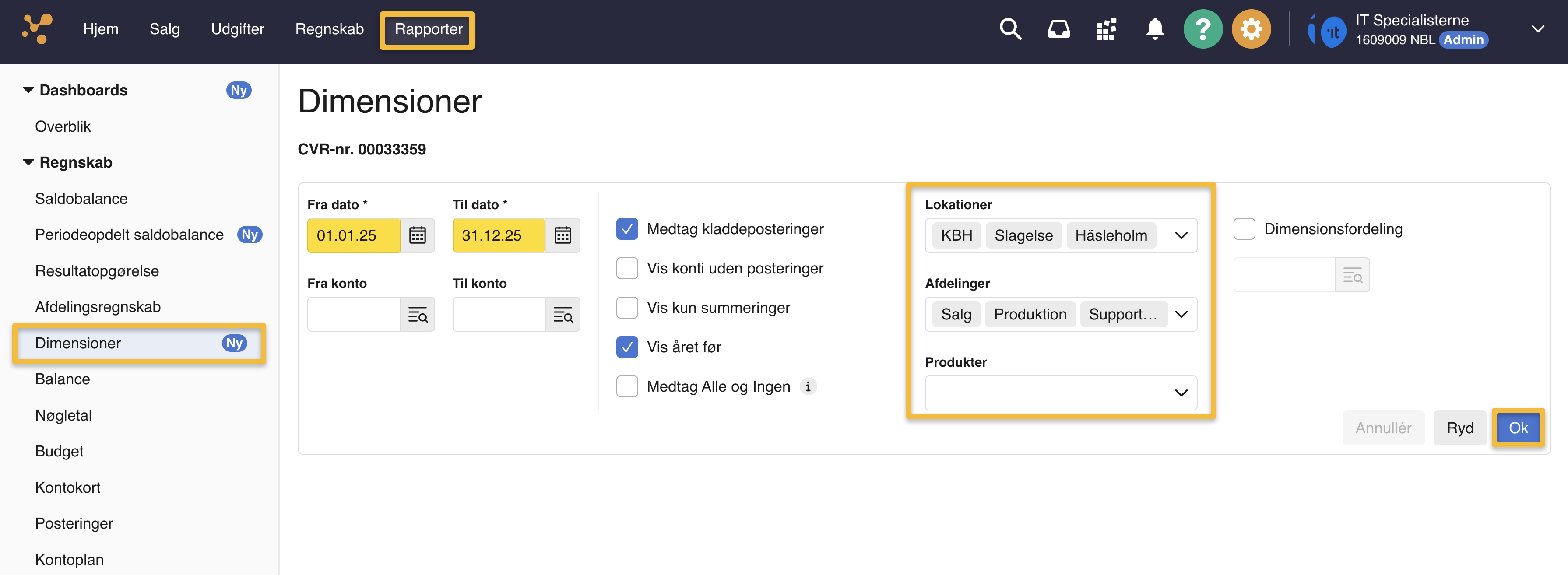 Viser opsætningsfelterne til en dimensionsrapport i rapporten 'Dimensioner' – bruges til at indskrænke rapporten baseret på dato og specifikke dimensionsværdier.
