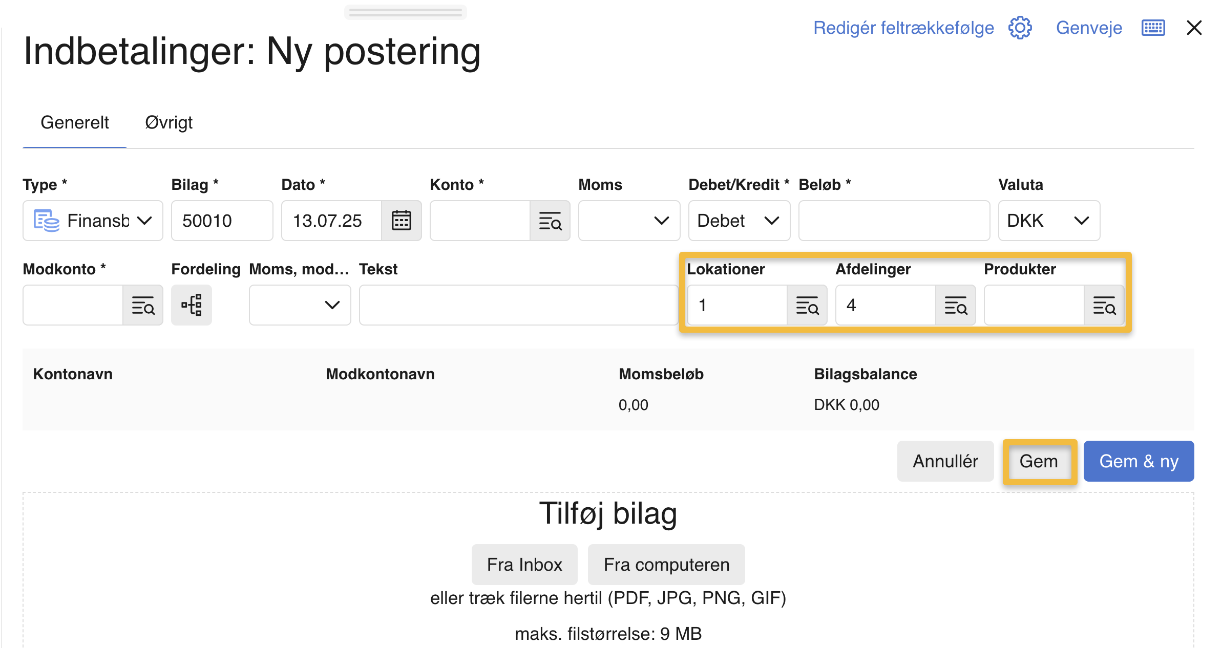 Viser dimensionsfelterne i en ny kladdepostering – bruges til at tilføje dimensionsværdier.