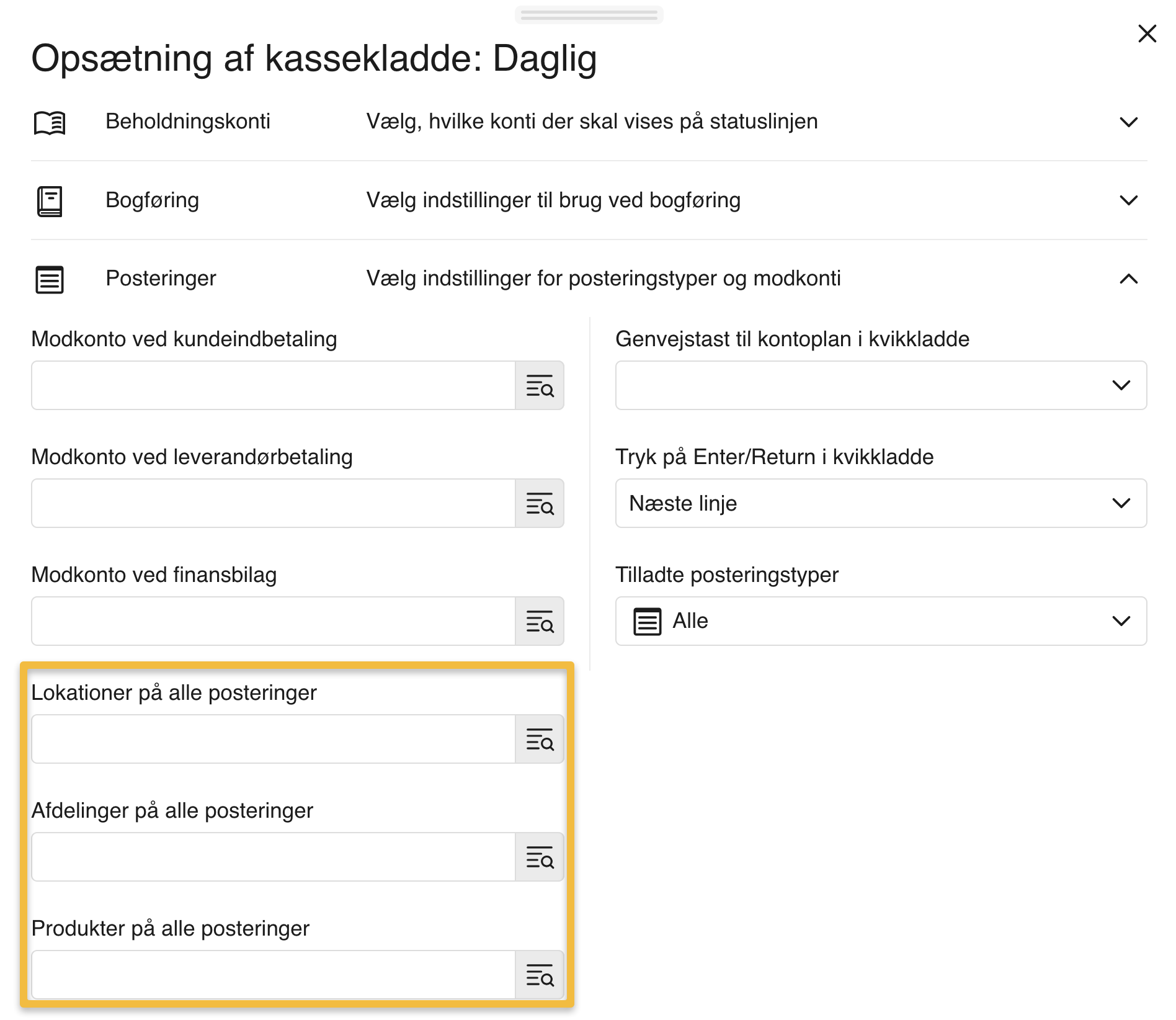 Viser felterne til dimensioner i opsætning af kassekladde – bruges til at tilføje en standarddimension til alle posteringer i kassekladden.